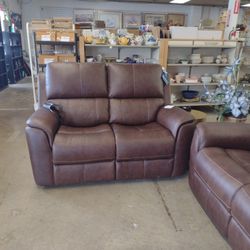 Brown Leather Powered Reclining Loveseat 