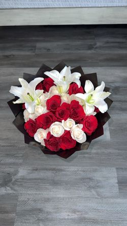 Red Rose and White Lily Flower Bouquet