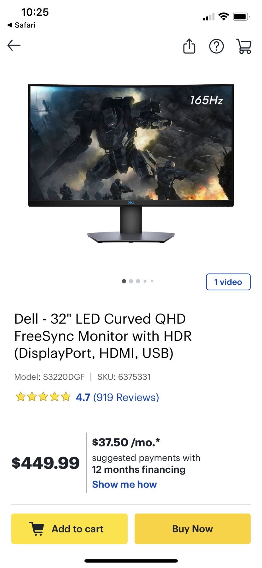 Dell 32 Inch Curved QHD 165hz Gaming Monitor