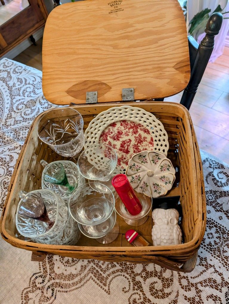 Antique Picnic Basket Full Of Goodies