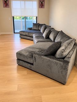 Large Gray Velvet Sectional Sofa with Chaise