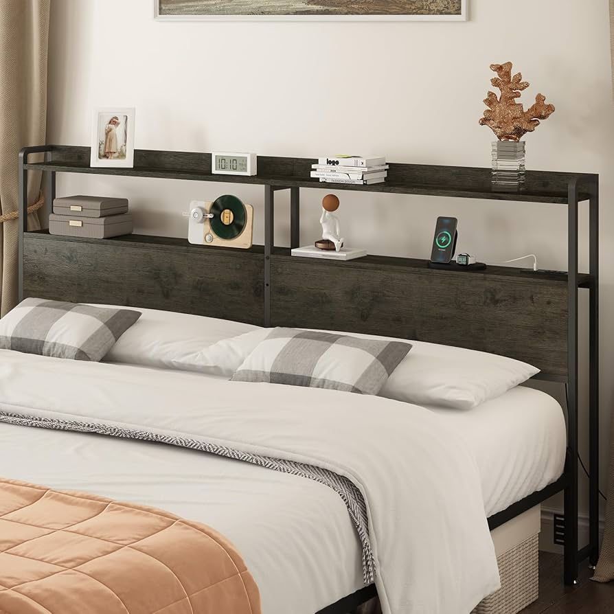 Headboard for King Size Bed Frame with Storage, Height Adjustable, Headboards with Outlets, USB Ports, Type-C, LED Light, Sturdy and Stable Headboard,