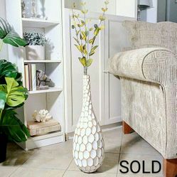  Floor Vase, White Chip Carved Wood with Artificial Plant 38"x7" vessel, container, pottery, faux plants, fake plants, home decor, boho