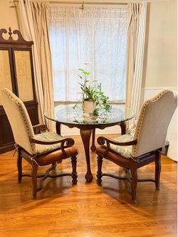 Round Glass Top Dining Table + 2 Upholstered Armchairs - Wood Base - Moving Sale
