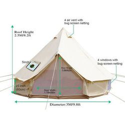 3m 4-Season Bell Tent Waterproof Cotton Canvas Glamping Camping Outdoor Use