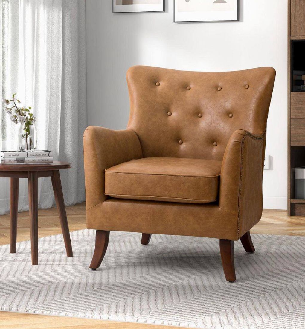 Germano Camel Vegan Leather Wingback Armchair with Wooden Legs