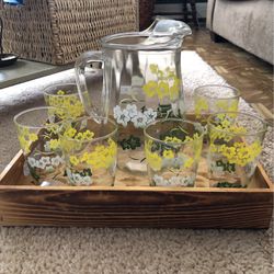 Vintage  60’sGlass Floral Pitcher& 6 Glasses