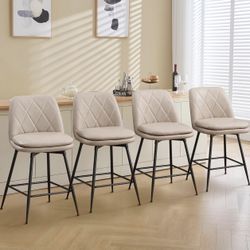 Cream Beige, 28" Set of 4, Swivel Counter Height Bar Stools -Upholstered Faux Leather Barstools with Back