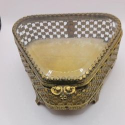 Vintage Beveled Glass Triangle Shape Gold Tone Filigree Ormolu Jewelry Box