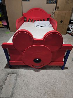 Disney Mickey Mouse Toddler Bed w/ Mattress & Waterproof Mattress Cover