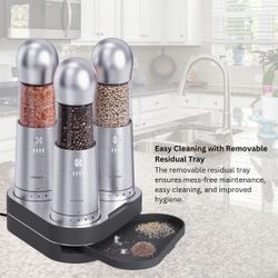 COSPRO Electric Salt and Pepper Grinder Set of 3 w/ Wireless Charging Base Rechargeable Automatic Stainless Steel