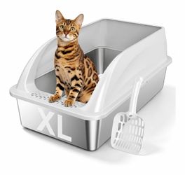 XL Open Top Stainless Steel Litter Box with High Sides,Light Gray