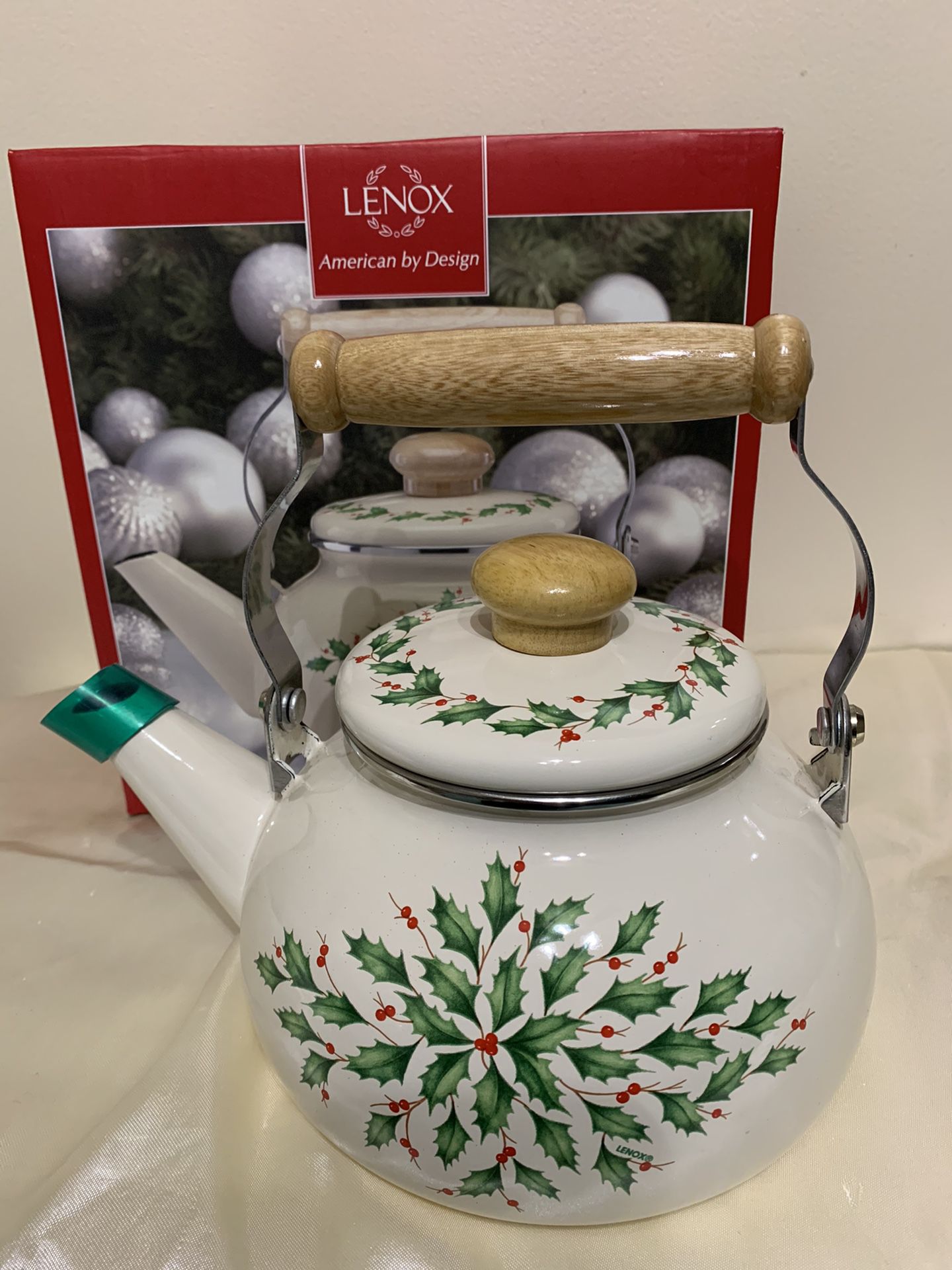 Lenox Holiday Metal Tea Kettle with wooden handles