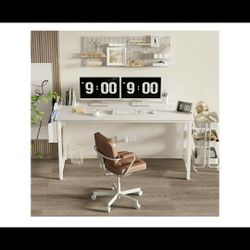 55" White Computer Desk With Power Outlets And File/Book Basket Headphone Holder 
