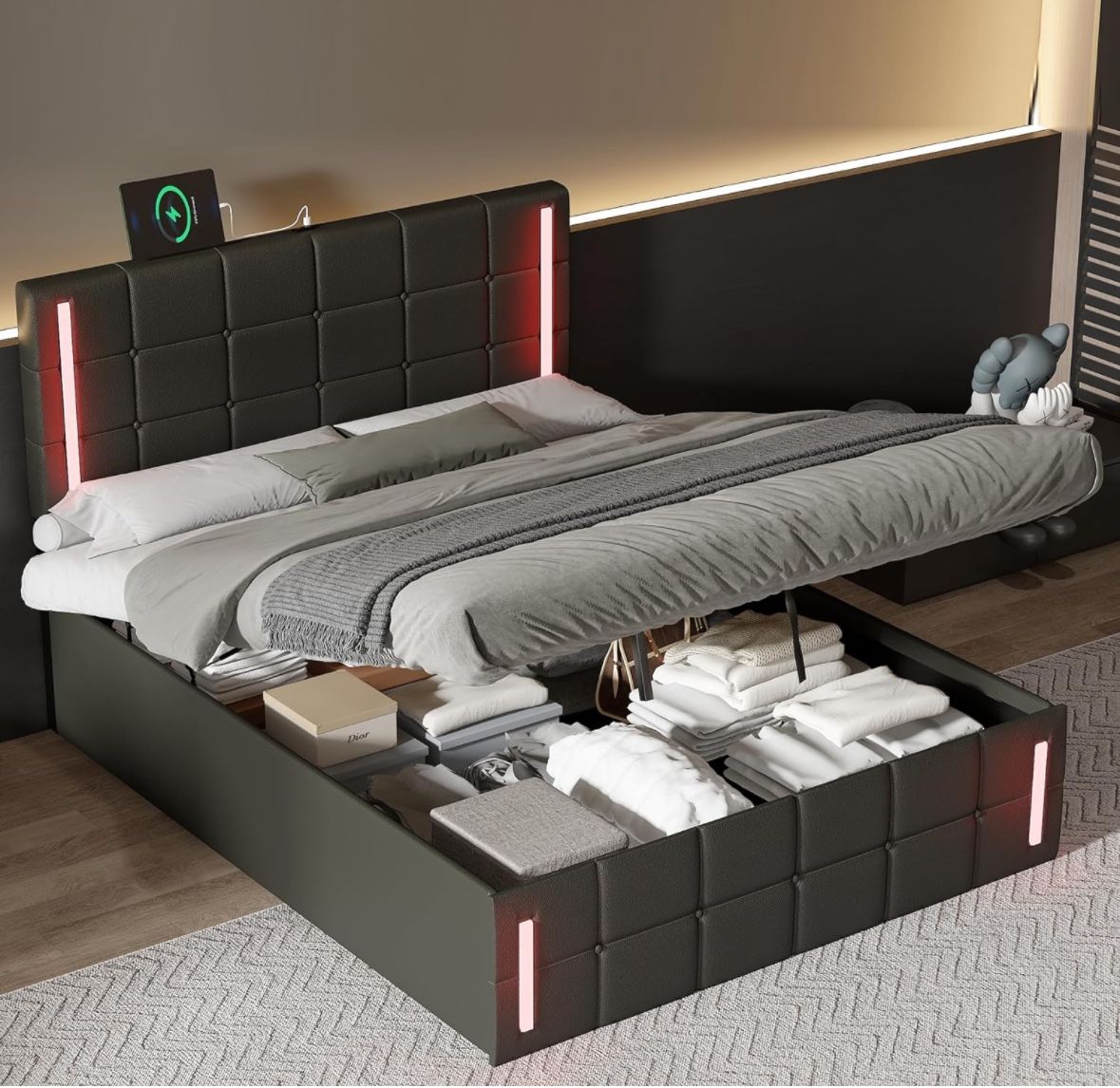 Dark Gray Upholstered Full Sized Platform Bed w/  LED  Lights (Remote) & Hydraulic Lift Storage [NEW IN BOX] **Retails for $450 <Assembly Required> 