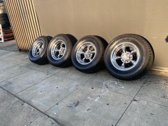 Set 4 American Racing Torque Thrust II black chrome 5x5 2-15x7 w 245/60/15, n 15x8.5 w275/60/15 Cooper Cobras, good Condition 80% tread, fit C-10, OB