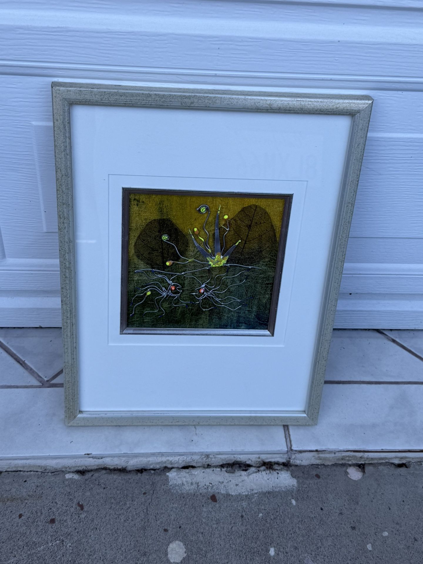 Original Vintage Mid Century Modern Enamel on Copper Flower Framed Plaque