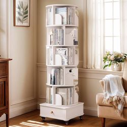 6 Tier Rotating Bookshelf with Drawers On Wheel, 360° Display Spinning Corner Book Shelf Tower, Narrow Tall Bookshelves, Small Revolving Bookcase, Woo