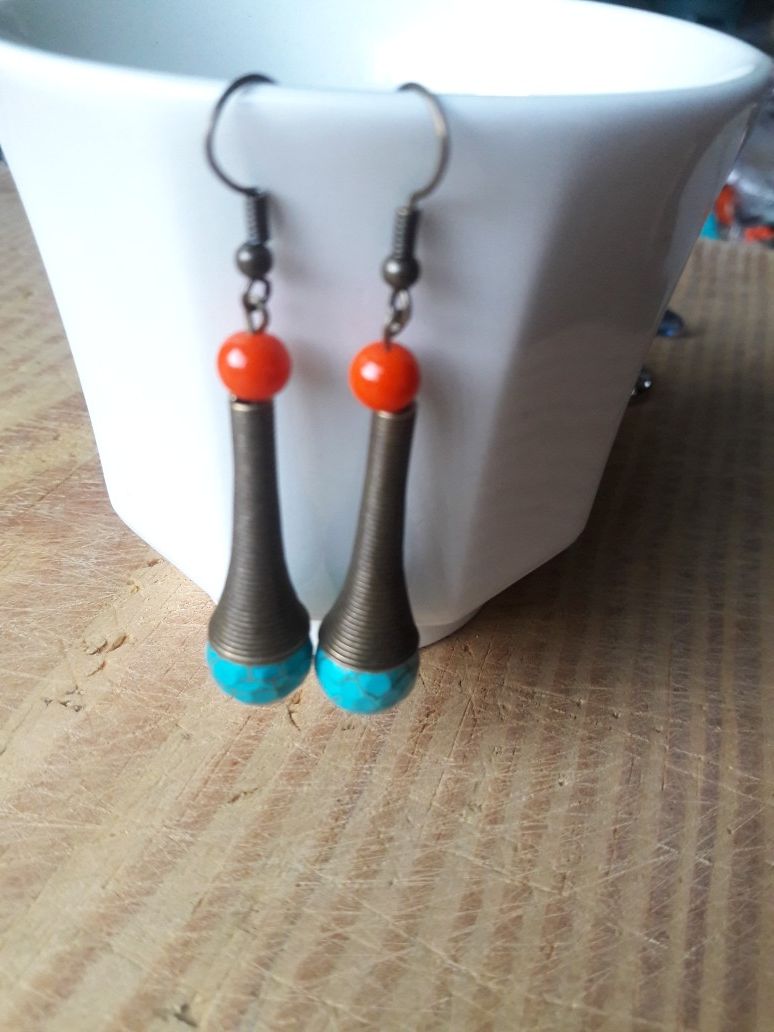 Handmade, turquoise and coral beads, vintage earrings, nickel free