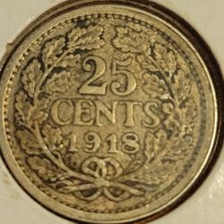 🇳🇱🇳🇱1918 NETHERLANDS 25 CENTS SILVER COIN 