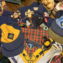 Vintage 1980’s Cub Scout Uniform, Hats, Neckerchiefs, Belt, Crafts