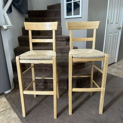 Pair Of 29.5” Oak And Rattan Barstools 