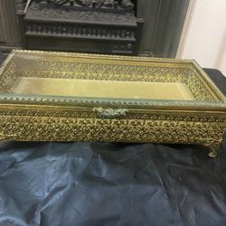 RARE! Vintage Gold LONG Jewelry Box Casket Antique HOLLYWOOD REGENCY Bevel Glass