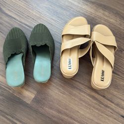 Women’s Footwear Bundle - 2 Pairs ( Beige Sandals & Green Slip - On Flats ) Size - 8