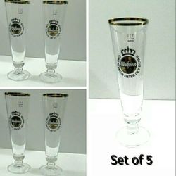 Warsteiner German Pilsner 0.2L Rastal Tulip Beer Glass 8" Tall Gold Rimmed Set 5