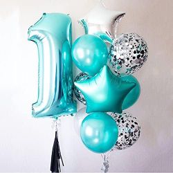 NEW — 32 Inch 1 Teal Blue Number Balloons Mylar Foil Helium Digital Balloon Baby Shower Party Ocean Mermaid Theme 1th Birthday Decor Supplies