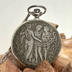 Vintage Molnija Three Graces Cherub Mechanical Wind Up Pocket Watch