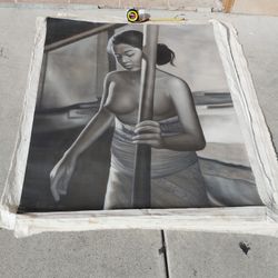 “Large Signed Balinese Village Life Painting – Original Hand-Painted Canvas –...