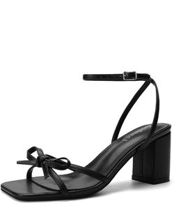 Black Block Heel Sandals with Bow Detail