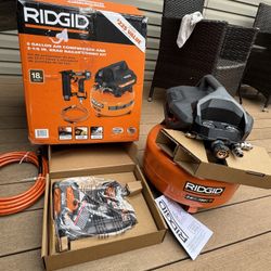 RIDGID 6 Gal. 150 PSI Portable Electric Oil-Free Jobsite Pancake Air Compressor with 25 ft. Air Hose and 18GA Brad Nailer