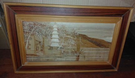 Japanese Bamboo Art depicting mountain trees fence figure framed in wood