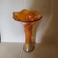 Vintage Marigold Carnival Glass Swung Vase Iridescent 10 Inches Graceful Shape