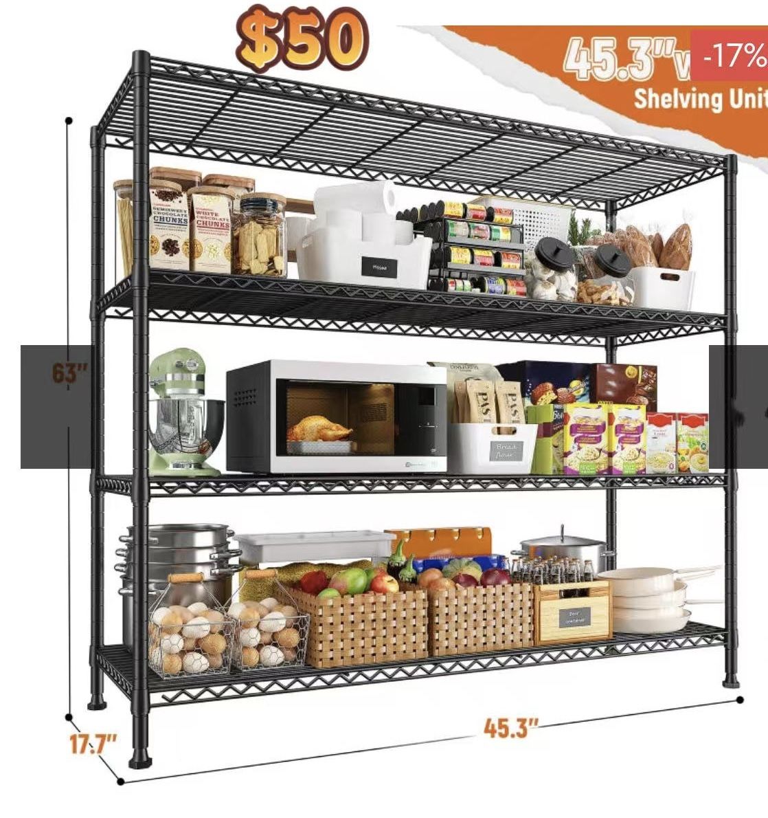 ✌️ 45.3"Wx17.7"Dx63"H REIBII Wire Shelving, 4-Tier Adjustable, Storage Rack Metal Wire Shelves