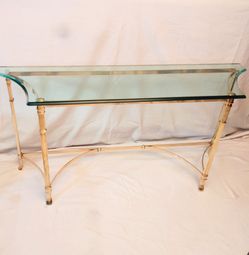 Vintage Tommaso Barbi Italian Solid Brass & Beveled Glass Console Table Side Hall Credenza Sofa Couch Entry Foyer Designer Italy Hollywood Regency MCM