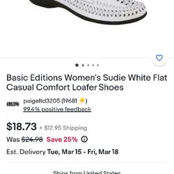 Women's Size 8.5 Basic Editions Sudie White Flat Casual Comfort Shoes 👟