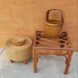 VINTAGE  BAMBOO  RATTAN TABLE,, ROUND WICKEROTTOMAN FOOT STOOL   RICE BASKET,SMALL BASKET, 