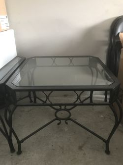 PAIR GLASS & IRON END TABLES