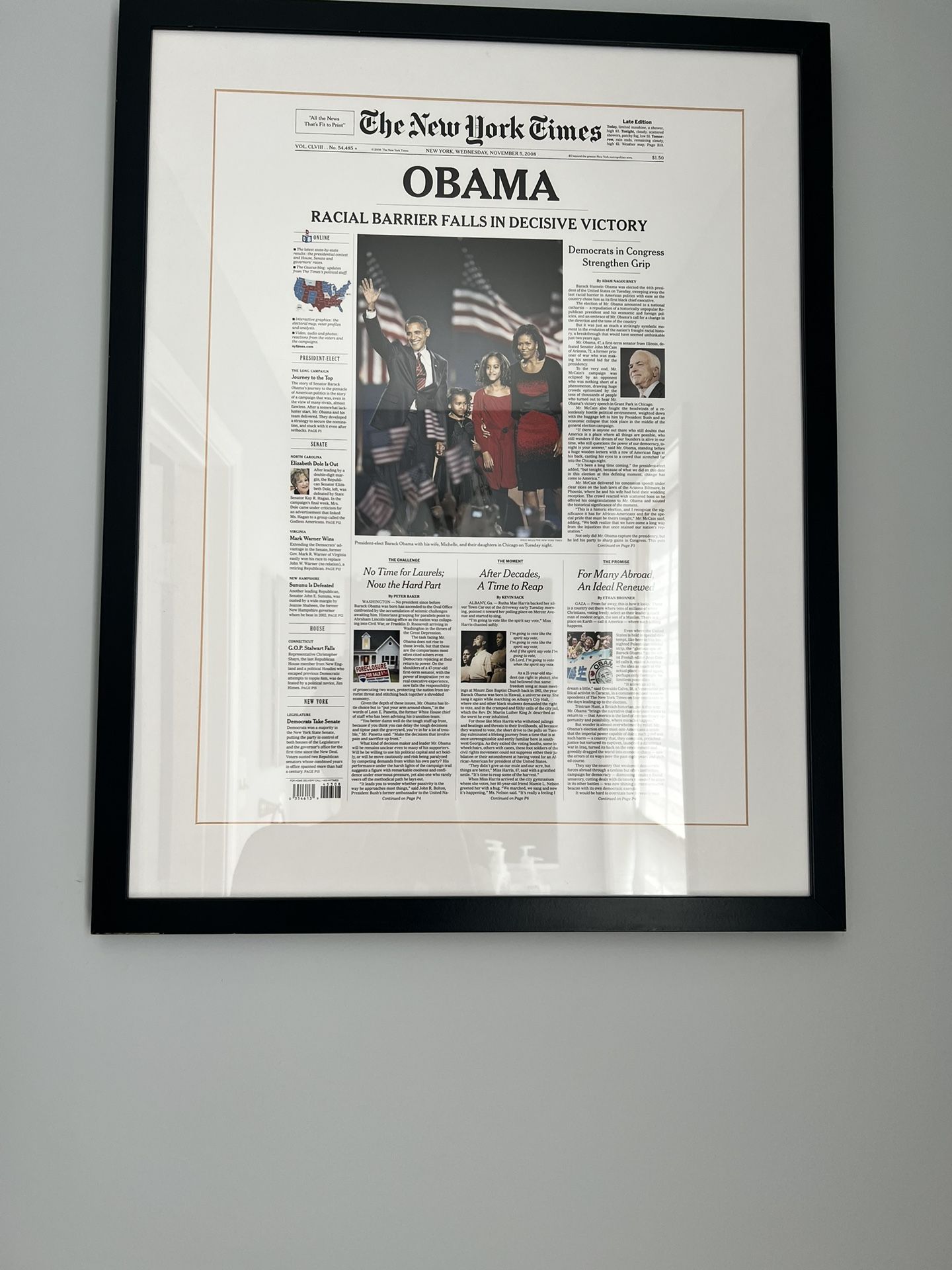 Framed NY Times Obama Election Article