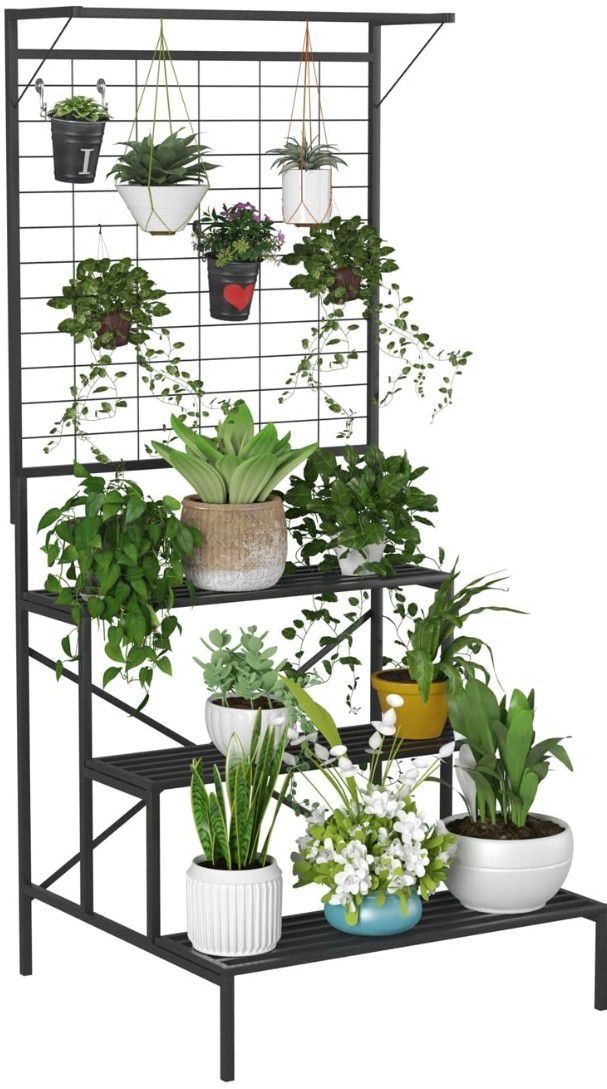 Zhongma 3 Tier Large Heavy Duty Plant Stand with Hanging Plant pot shelf, 35.43 x 33.27 x 78.74, Tall multi layer Plant Holder for Home, Garden, Each 