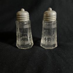 Vintage Etched Glass Salt and Pepper Shakers with a Tin Cap (Unique Dispenser) 