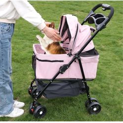 Medium Pet Stroller for Dogs Up to 30lbs, One-Hand
Folding, Two-Way Canopy, 4 Wheels for Medium/Small
Dogs and Cats, with Cup Holder.(Pink)