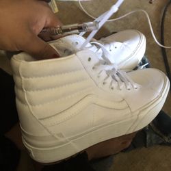 Alll White Leather Vans With Gum Bottoms They Make Youbtaller Sole Bigger than Usual