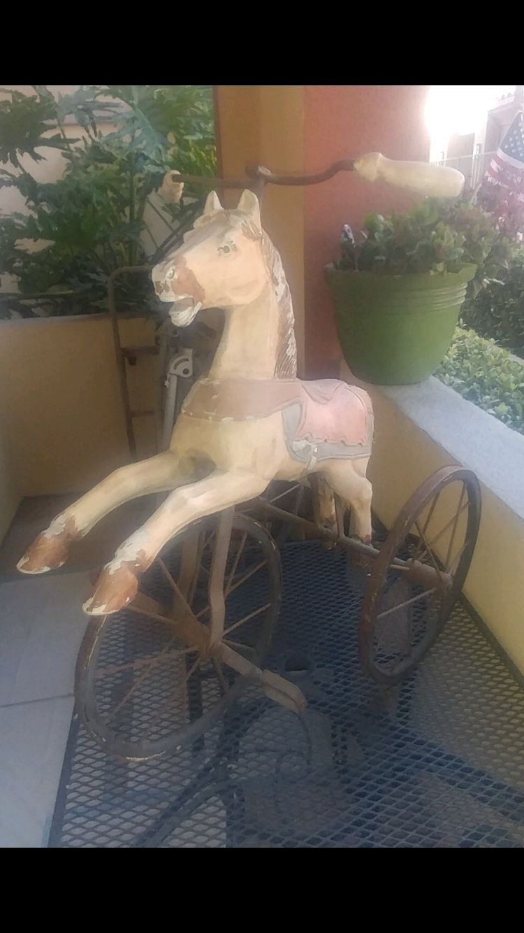 Antique hand carved wood horse tricycle