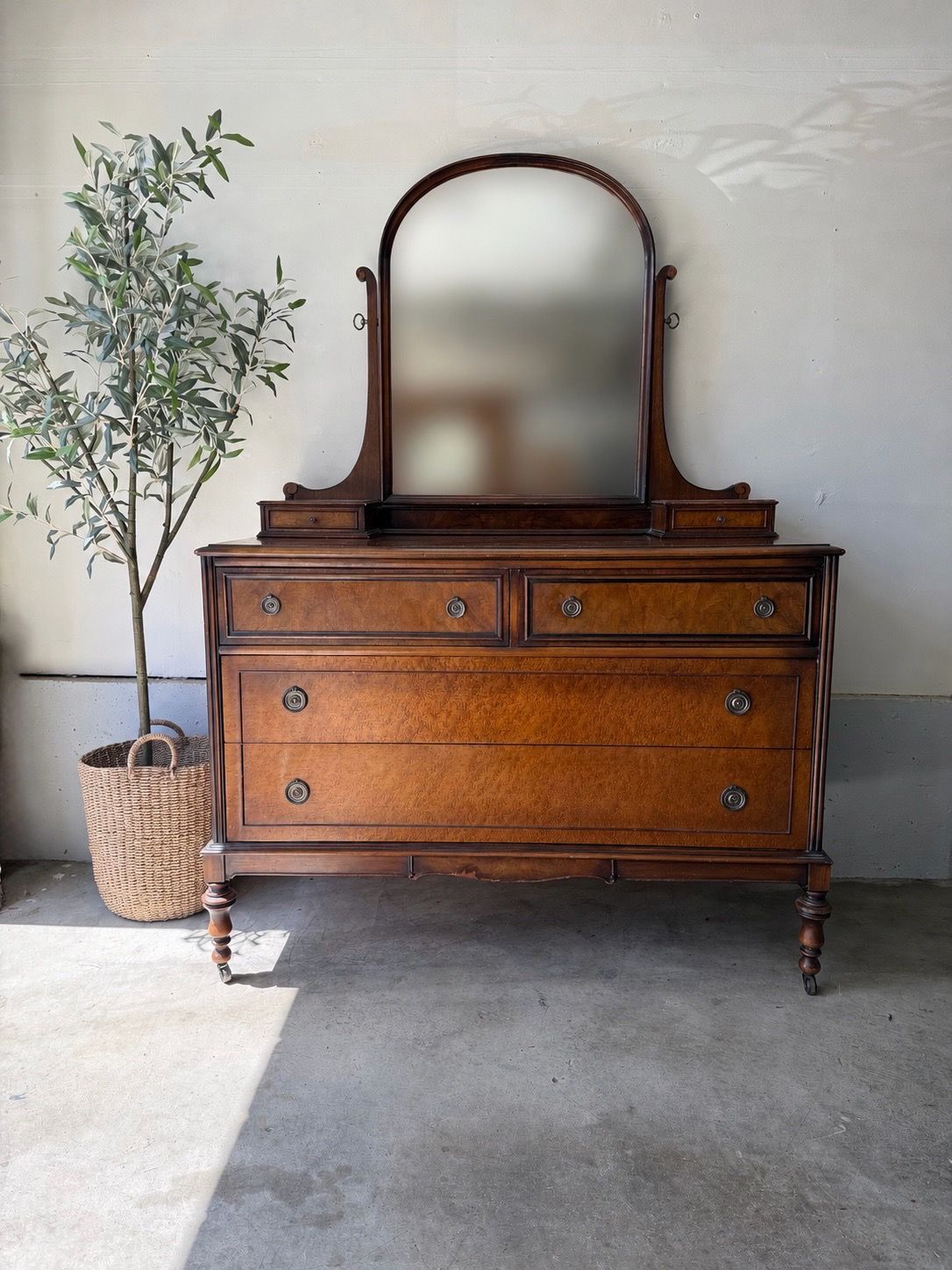 Antique Wood Dresser with Arched Mirror