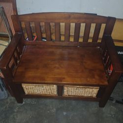 Wooden Hallway Storage Bench With Wicker Baskets