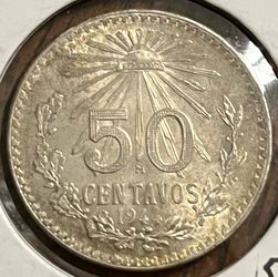 Silver  1944 Mexican .50 Centavos coin. Ley  .720